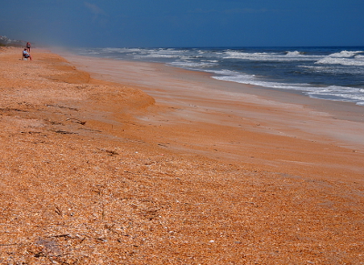 [In this view the sand is much lighter and the multitude of small shells are more distinct. White-caps are visible on the ocean and a lone person sits on a beach chair looking at the water. The sky is only a small portion of this image and is all medium blue.]