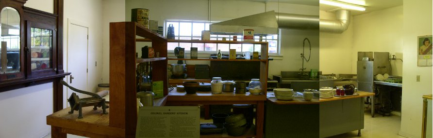 [Three photographs stiched together to present the 1940's restaurant kitchen.]