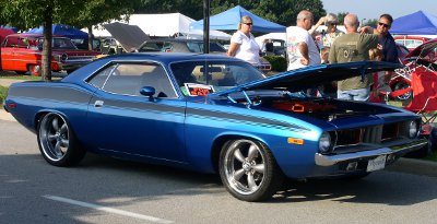 [Blue muscle car with black racing stripes.]