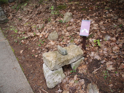 [A large stone sits cross-wise atop two large support stones. A small arrow-shaped stone sits atop the cross-wise stone and points the direction of the trail.]