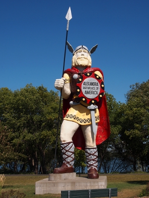 [Outdoor statue near the Runestone Museum in Alexandria. Same as the clay statue except it wears a tunic with no leggings.]