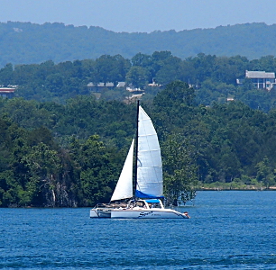 [Two-hulled sailboat with a large and smaller sail skimming across the water with several layers of greenery fading into the distant haze.]