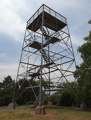 [55 steps up to a 16 by 16 foot platform. It's higher than the trees around it.]