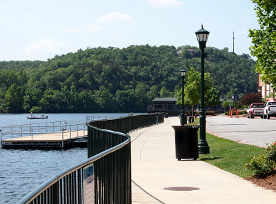 [A curved black metal railing winds through the middle of the image segregating the water on its left and the sidewalk with lamp posts on the grassy edge on the right. In the distance are tree-covered hillsides.]