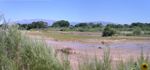 [Mostly dry river bed with some mud and water.]