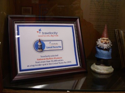 [Framed award beside a Travelocity gnome.]