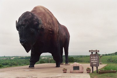 [Head on view of sculpture with identifying sign in lower right of photo.]