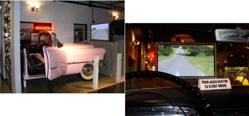 [This is two photographs. One shows partial car and movie screen from the side and the other shows the view of the movie screen from the driver's seat.]