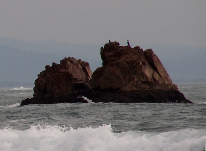 [The outline of two birds can be seen atop the rock outcropping surrounding by water. Wave froth is in the foreground.]