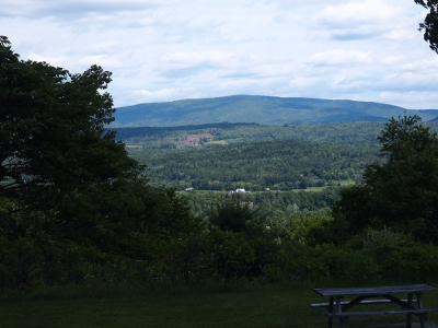 [A picnic table in the foreground of a spot near the edge of a shrubbery line. In the middle distance is a town with the Green Mountains as a backdrop.]