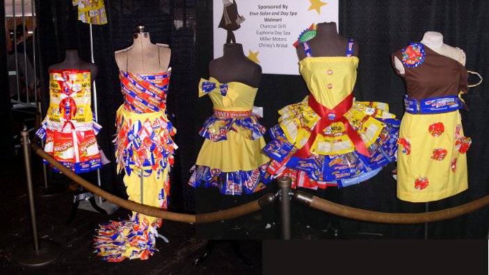 [Five dresses designed with or ornamented with Nestle candy wrappers.]