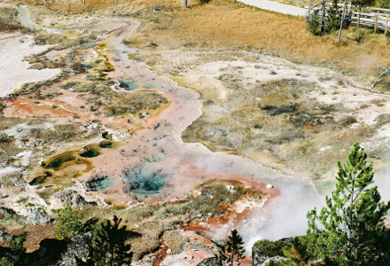 [Colorful ground formation from minerals in the geyers.]